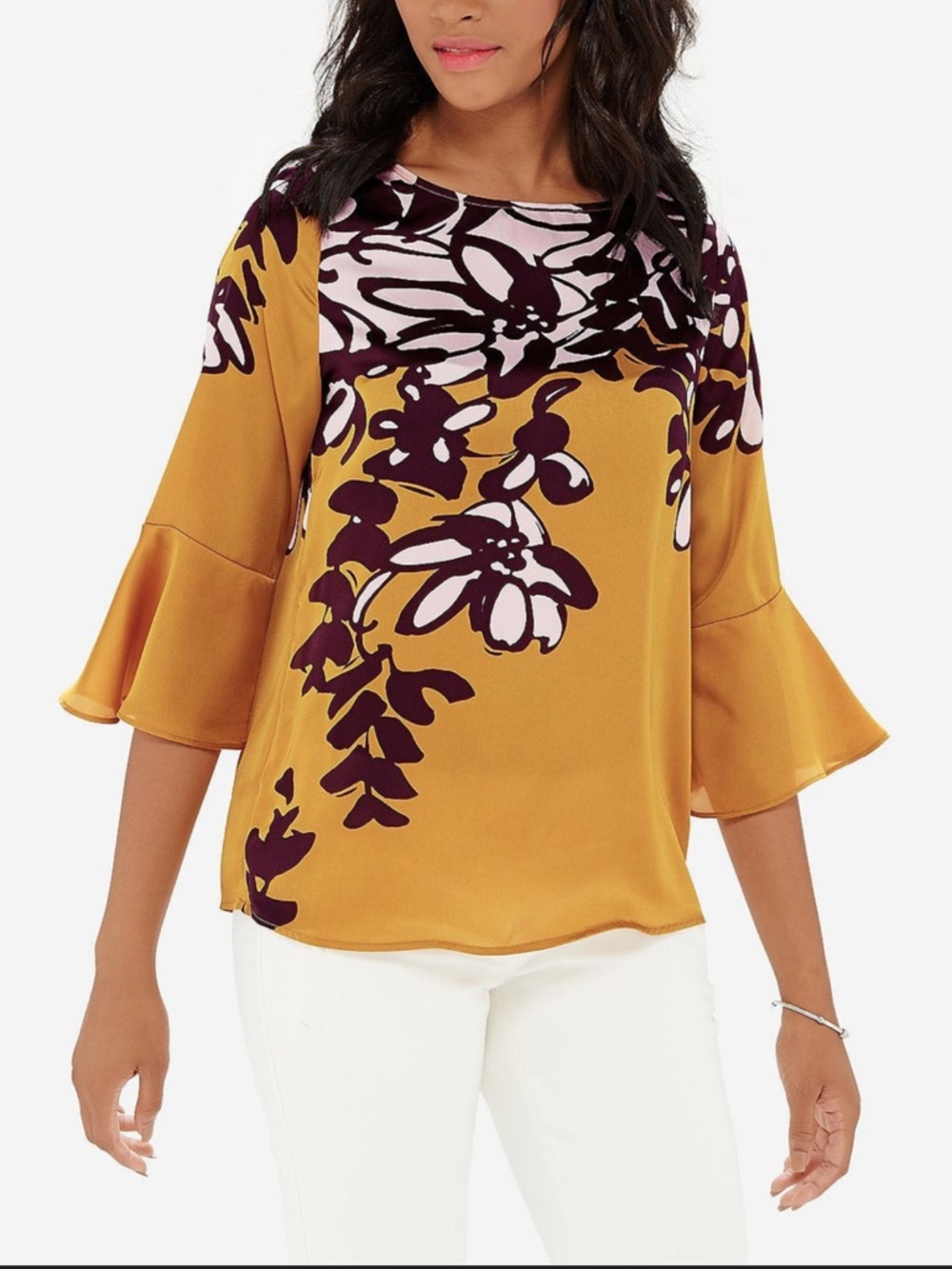 The Limited Mustard Floral Bell-Sleeve Blouse